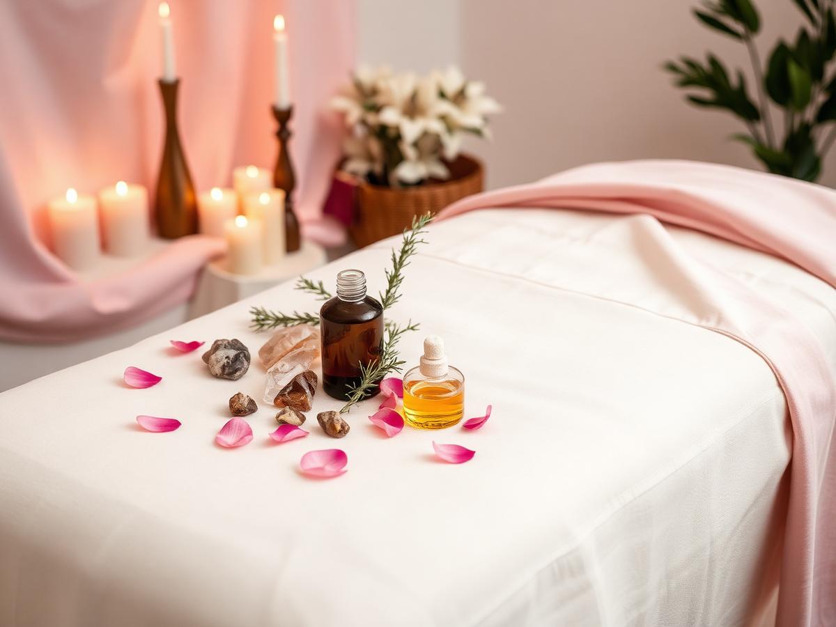 Massageolie, warme doeken en kaarslicht klaargezet voor een behandeling