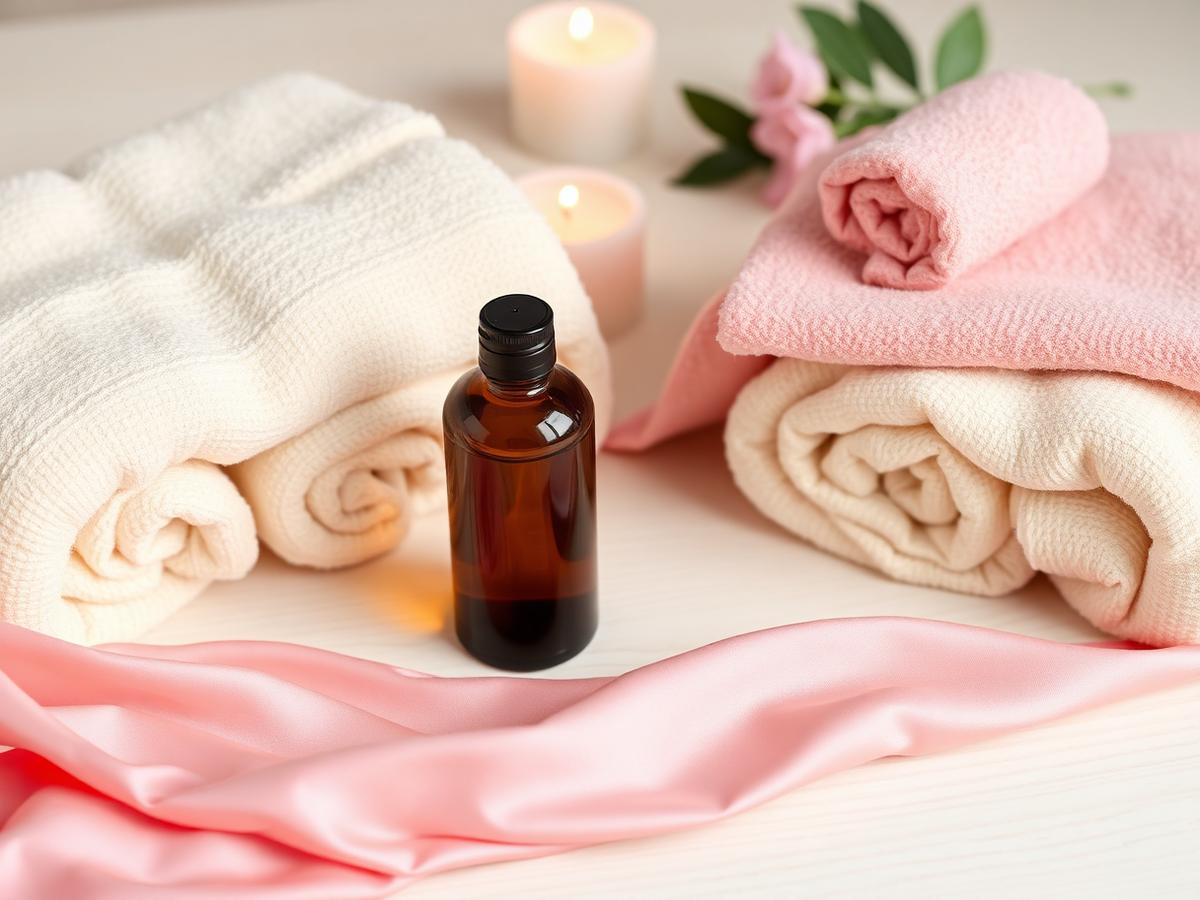 Opgemaakte massagetafel met zachte handdoeken, kaarsen en bloemen