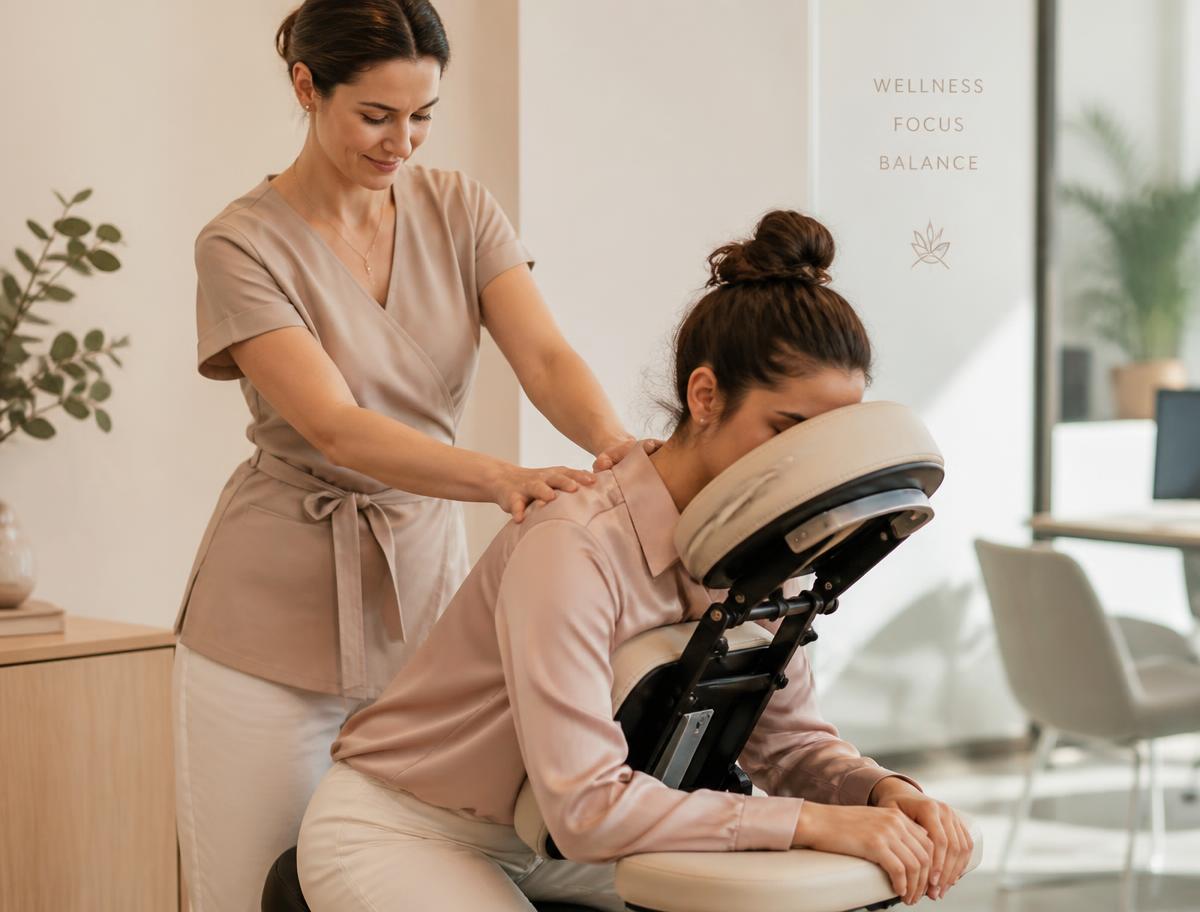 Stoelmassage op de werkplek in een lichte, rustige kantoorruimte